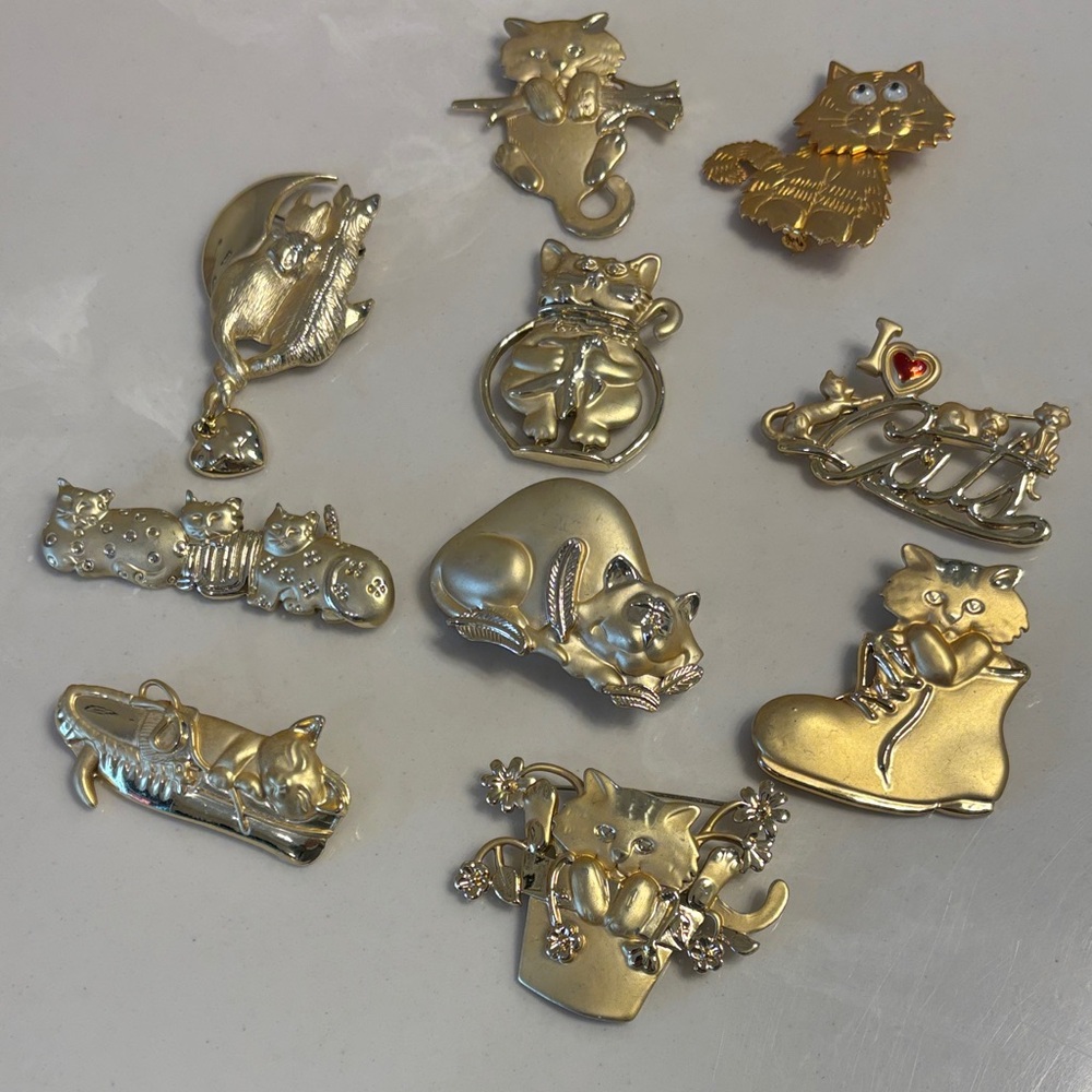 Gold-Tone Cat Brooch Lot -  Ten Cute Kitty Pins